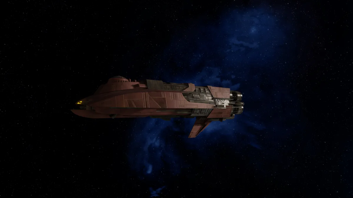 A reddish-brown spaceship with glowing yellow nose lights is shown flying through a starfield with blue nebulae. The…