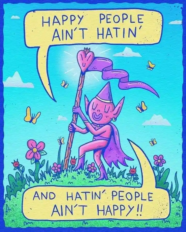 A cartoon pink fairy with a purple cape and pointed hat stands in a grassy field holding a staff topped with a smiling…