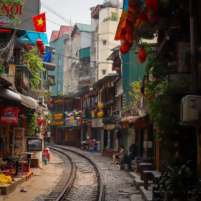 A narrow, bustling street in Hanoi, Vietnam, features railway tracks running down the center, flanked by colorful buildings…