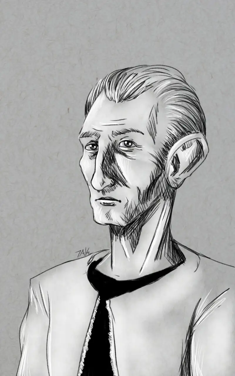 A black-and-white sketch depicts a man with pointed ears, resembling an elf or fantasy character, wearing a collared shirt…