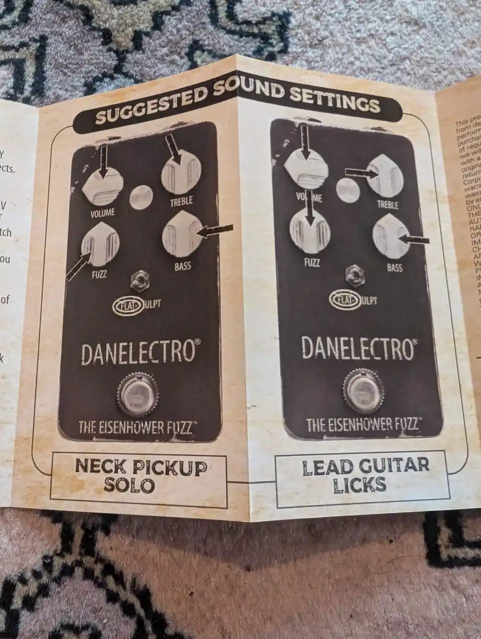A printed manual page shows two diagrams for the Danelectro 'The Eisenhower Fuzz' guitar pedal, labeled 'Neck Pickup Solo'…