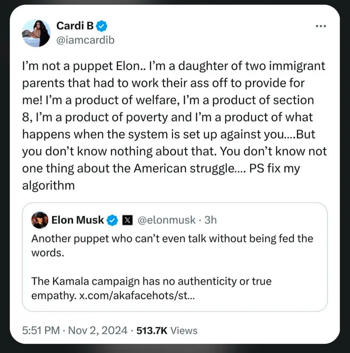 A screenshot of a Twitter thread shows Cardi B's tweet where she claims to be a product of poverty and immigrant parents…