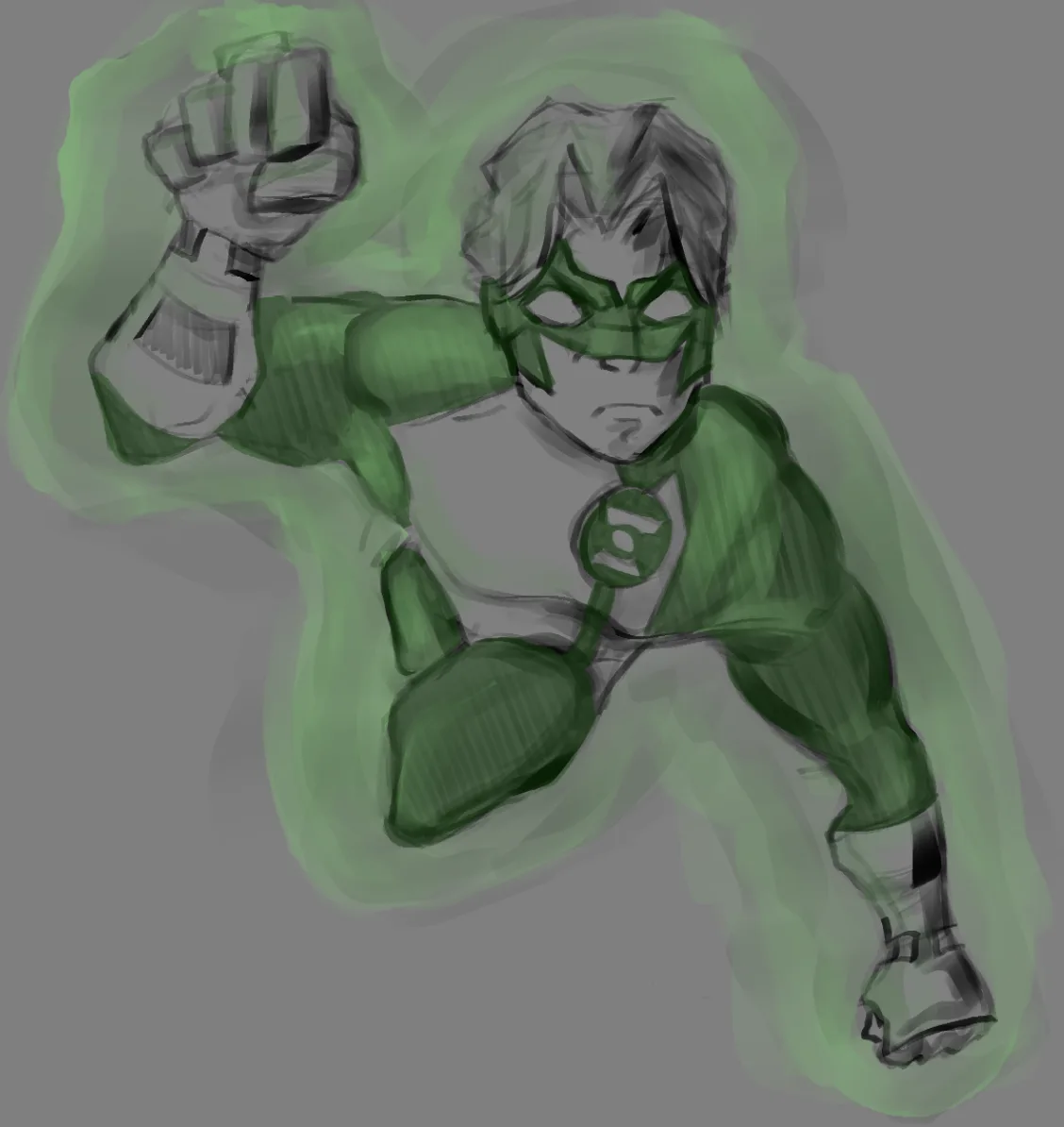 A sketch-style drawing of a muscular male superhero in a green and grey costume with a green mask and a green lantern symbol…