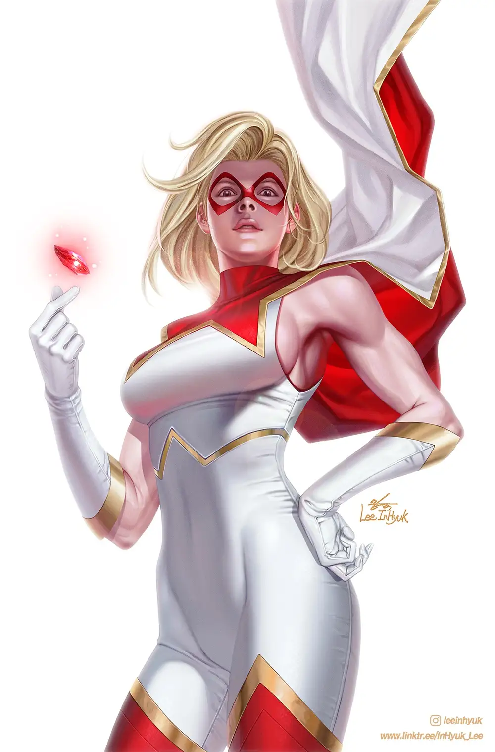A blonde woman in a red and white superhero costume with gold trim, holding a glowing red gem in her right hand while her…