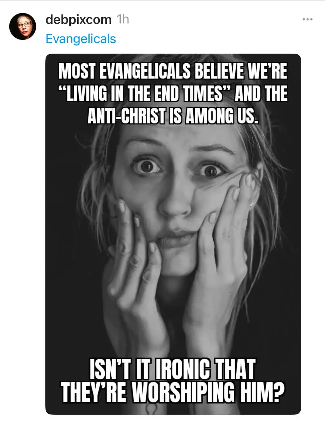 A black-and-white photo shows a woman with wide, shocked eyes and hands pressed to her cheeks. Overlaid text states that…
