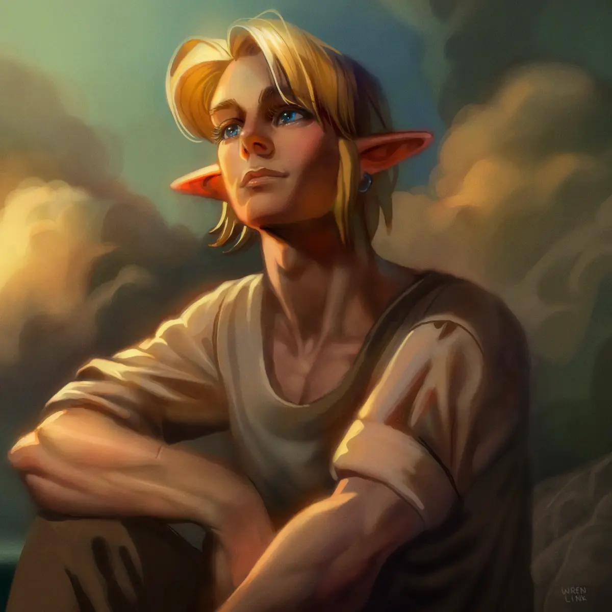 A digital painting of a young elf with blonde hair and pointed ears, wearing a simple t-shirt, sitting with arms crossed and…