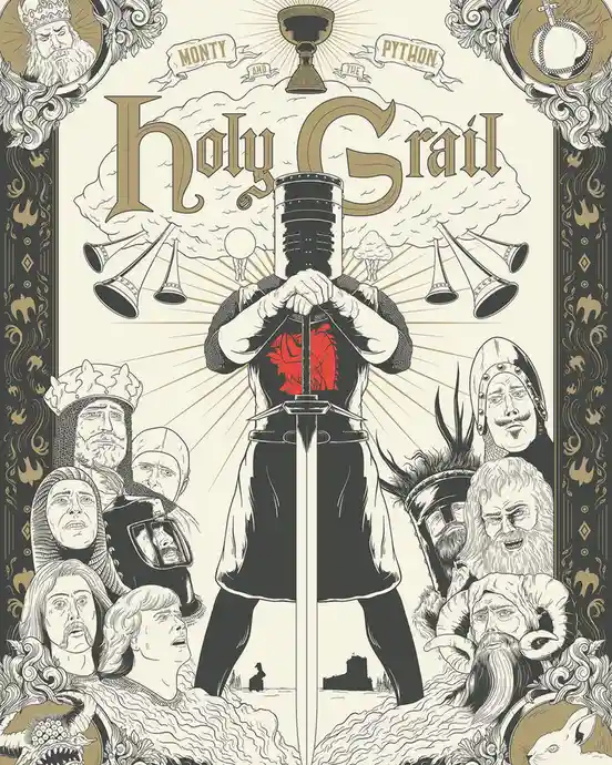 An ornate, vintage-style poster for 'Monty Python and the Holy Grail' features a central knight holding a sword with a red…