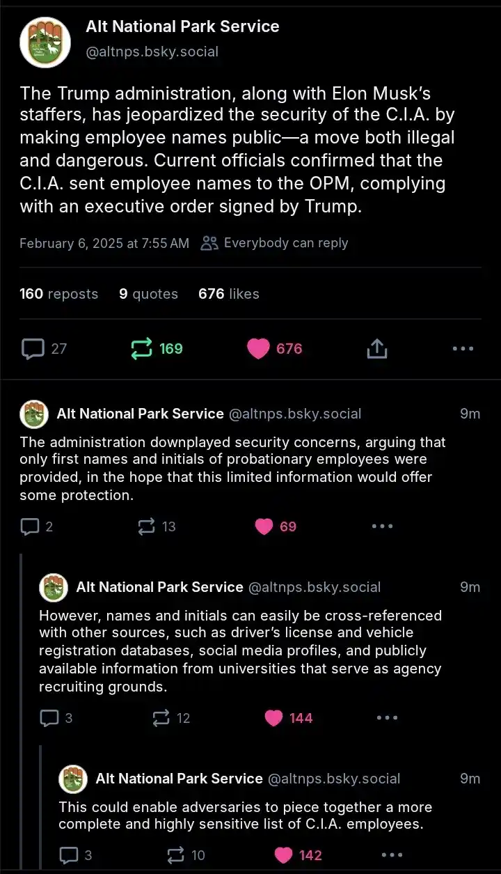 A screenshot of four consecutive posts from a social media account called 'Alt National Park Service' on the platform…