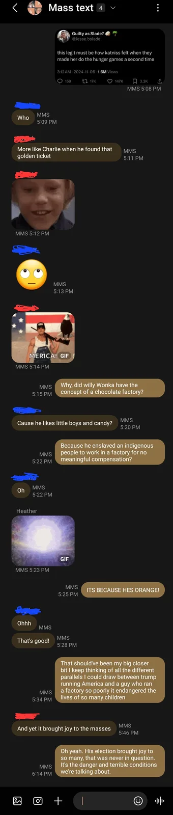A screenshot of a group text conversation where participants joke about the 'Hunger Games' and 'Willy Wonka' references…