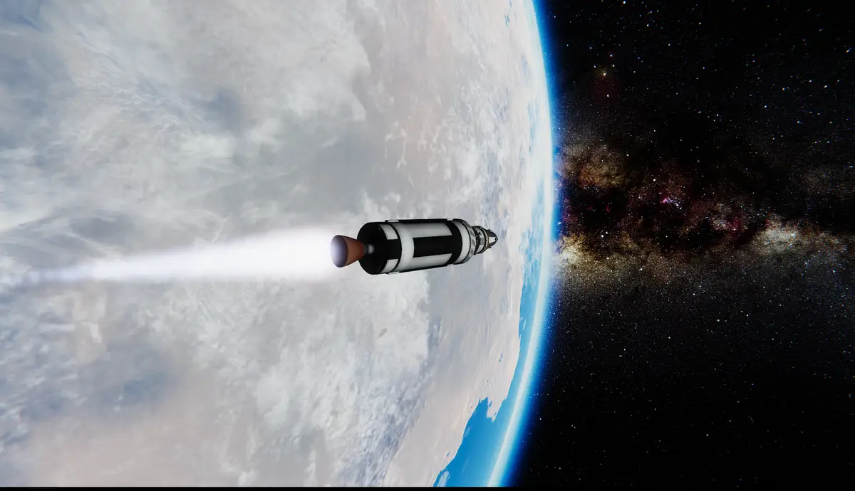 A rocket with a white and black striped body and a glowing exhaust plume is depicted flying away from Earth, which curves…