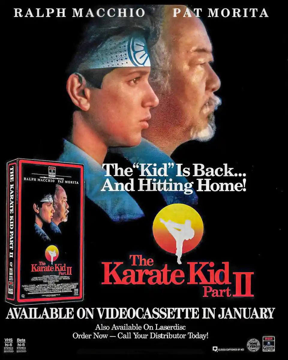 This is a promotional poster for 'The Karate Kid Part II' featuring Ralph Macchio and Pat Morita in profile. The poster…