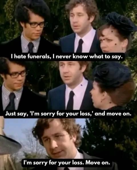 A three-panel meme from the TV show 'Frasier' showing characters in a funeral setting. The first panel shows a man saying 'I…