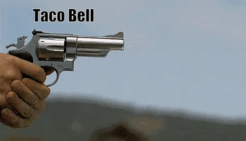 The image shows a split-screen sequence: two panels depict a hand holding a revolver labeled 'Taco Bell', followed by a…
