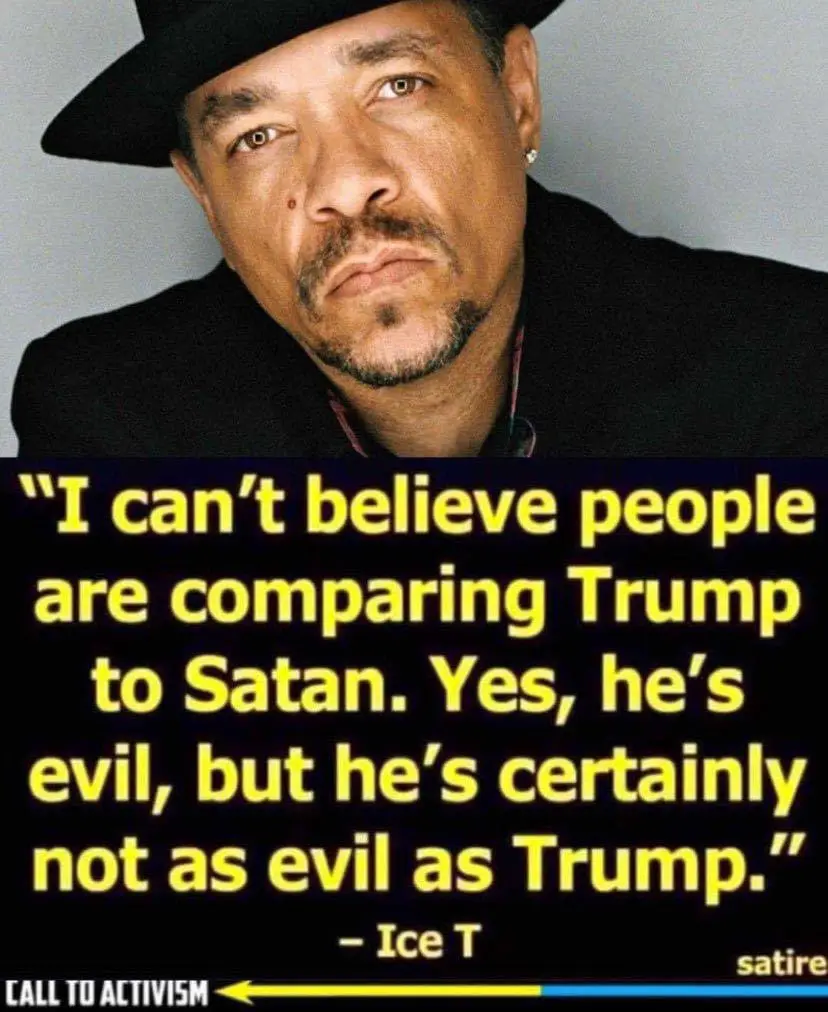 A close-up photo of Ice-T wearing a black fedora and black jacket, looking directly at the camera with a serious expression…