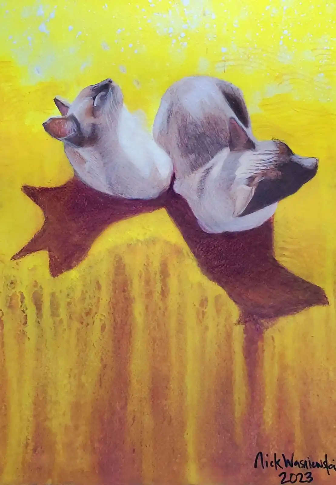 A painting depicts two Siamese cats curled up and sleeping on a brown, star-shaped cushion against a vibrant yellow…
