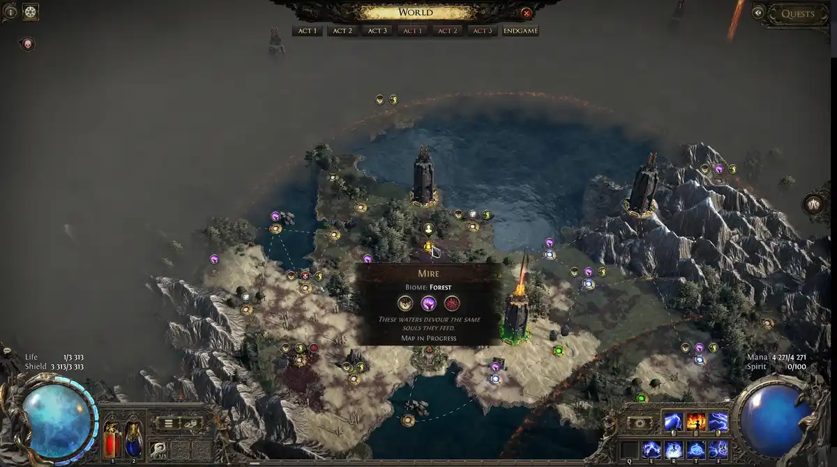 A screenshot from the game Path of Exile shows a world map with a location named 'Mire' highlighted. The tooltip for Mire…