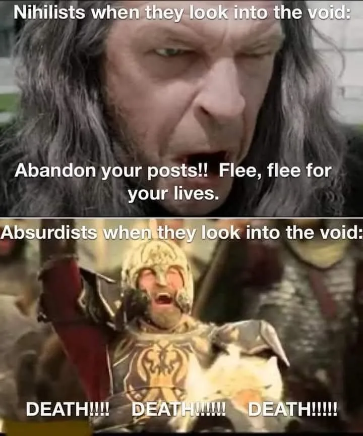 The meme features two panels. The top panel shows a close-up of a man with long grey hair and a grim expression, with text…