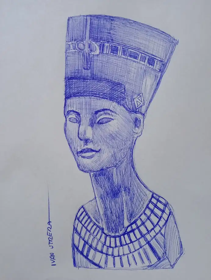 A blue ink sketch of a stylized bust resembling the ancient Egyptian queen Nefertiti, wearing her iconic crown and collar…