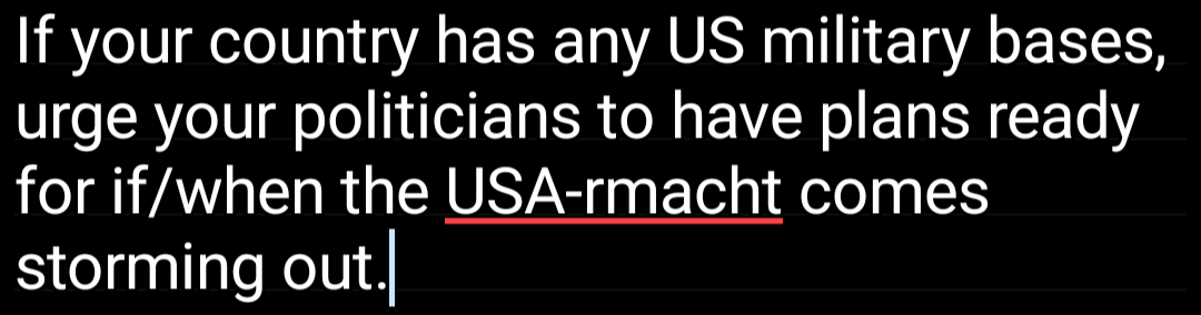 A black background with white text that reads: 'If your country has any US military bases, urge your politicians to have…