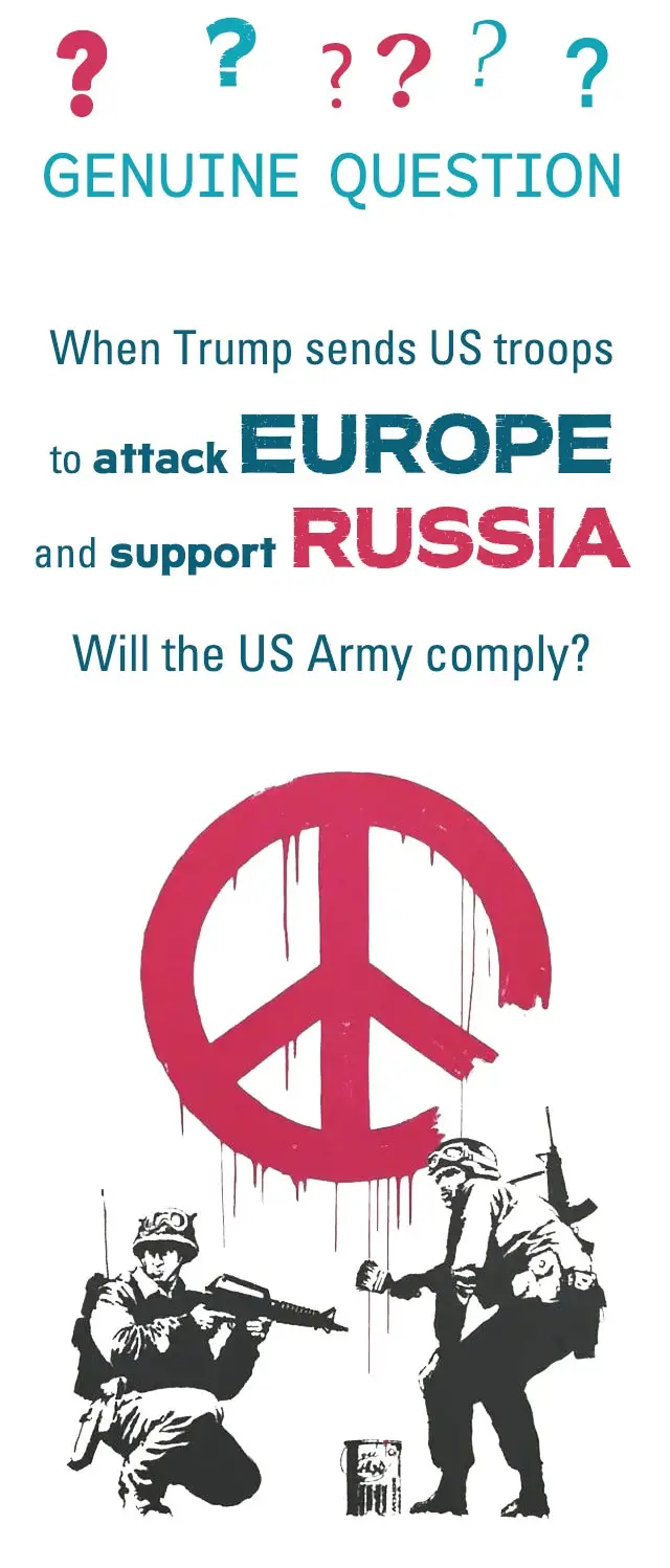 The image features a stylized peace symbol painted in dripping red paint, with two soldiers below—one crouching with a rifle…