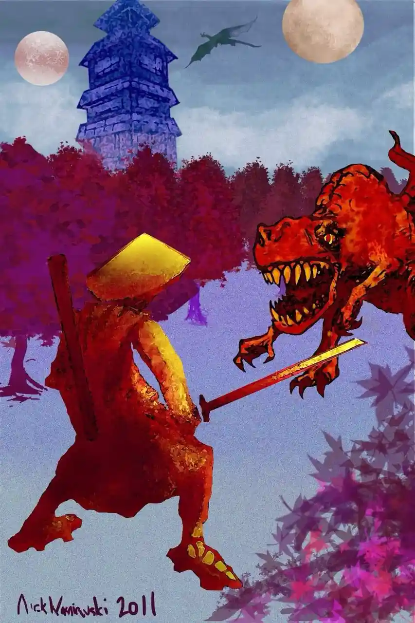 A stylized illustration depicts a samurai warrior in a red and gold outfit facing a roaring red T-Rex wielding a sword. In…