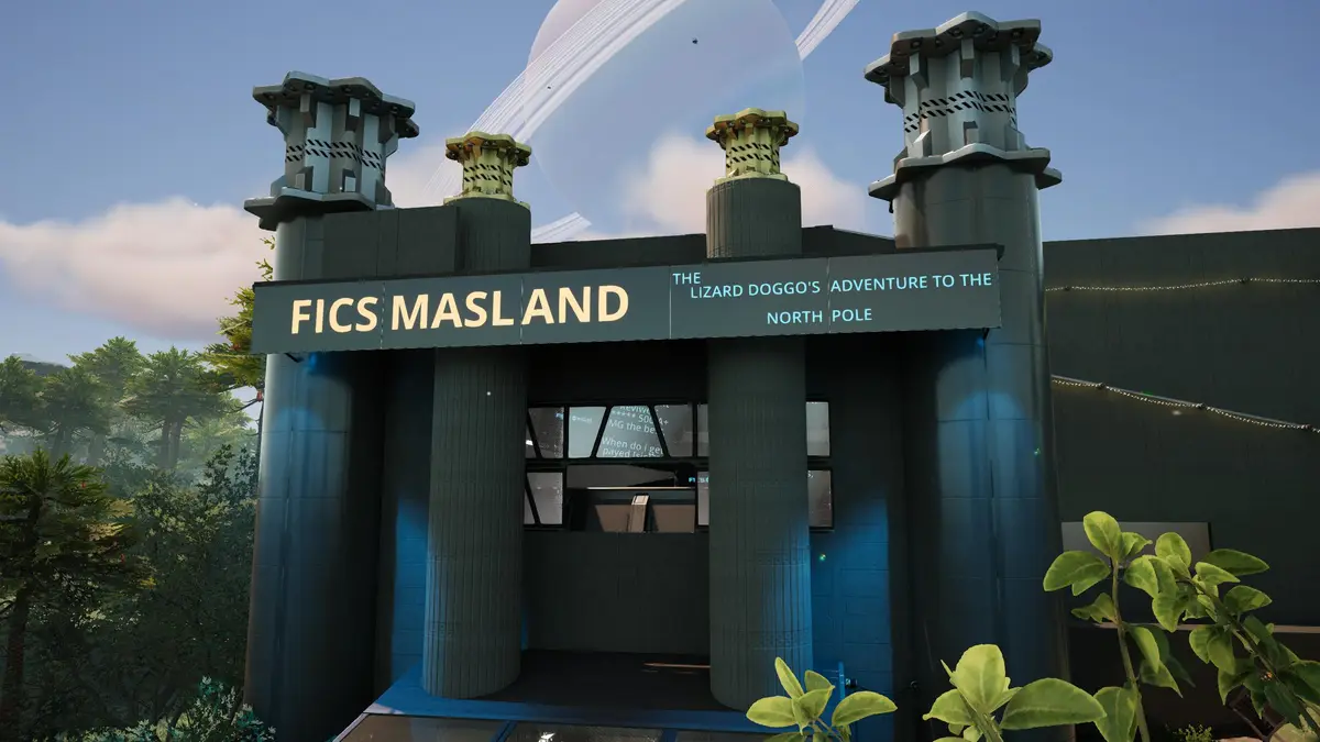 A screenshot of a sci-fi building with a sign reading 'FICS MASLAND' and 'THE LIZARD DOGGO'S ADVENTURE TO THE NORTH POLE'…