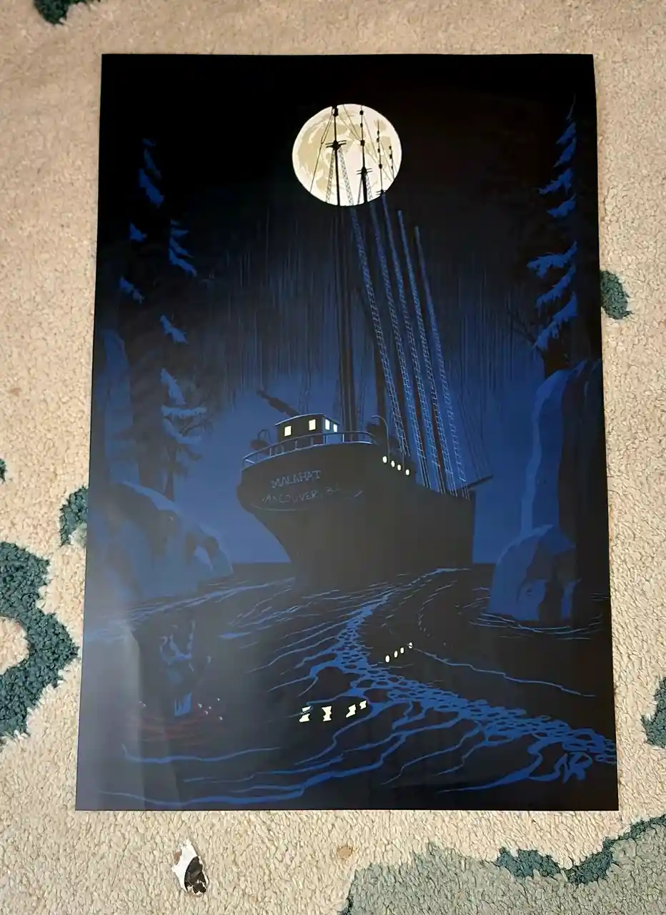 A vintage-style illustration depicts a large ship named 'MALAHAT VANCOUVER, B.C.' navigating through a narrow, moonlit…