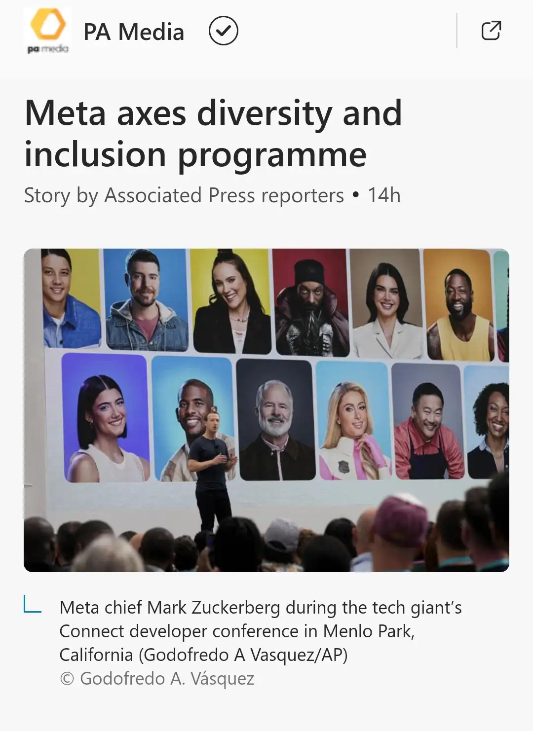 A screenshot of a PA Media news article about Meta axing its diversity and inclusion programme, featuring a photo of Mark…