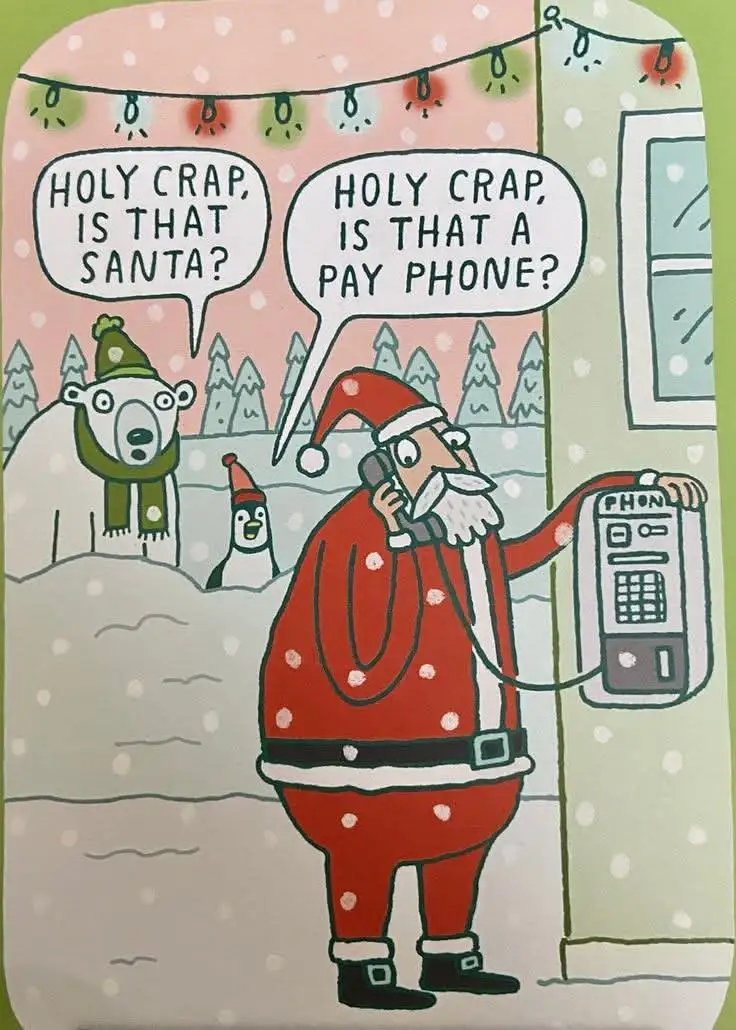 A cartoon depicts Santa Claus using a payphone outdoors in winter, with a polar bear and penguin in the snowy background…