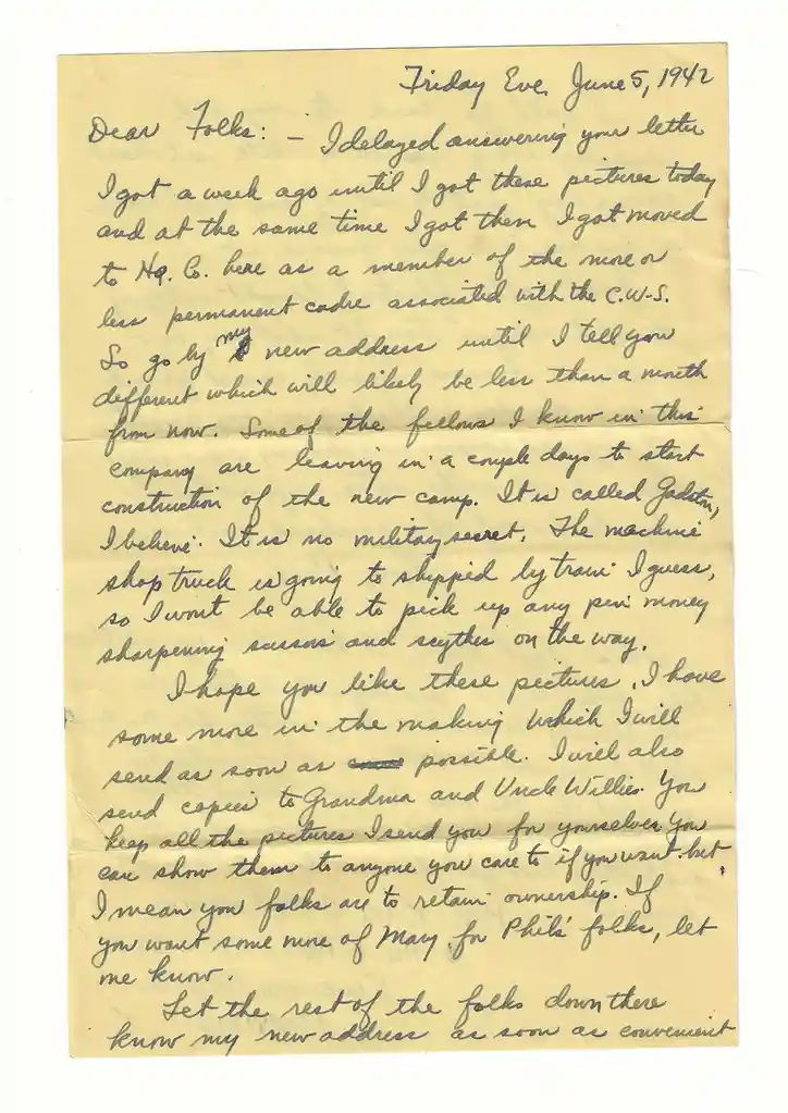 A yellowed, handwritten letter dated Friday Eve, June 5, 1942, written in cursive on aged paper. The letter, addressed to…