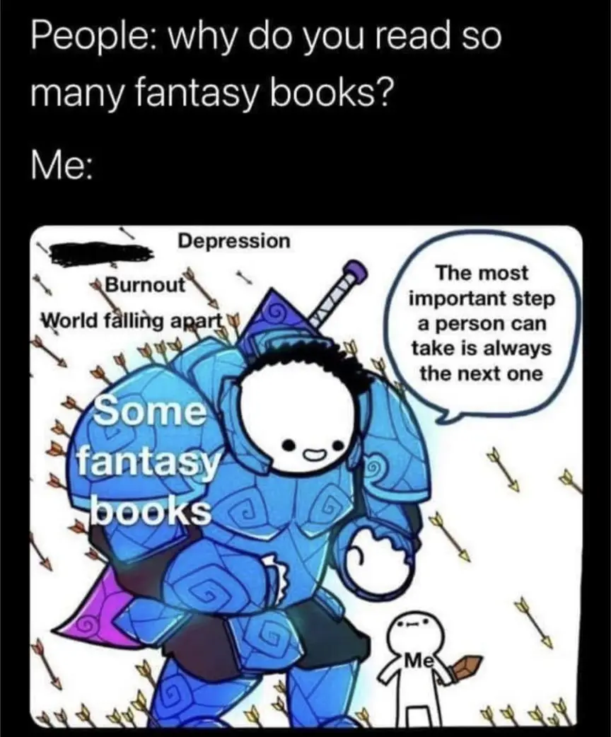 The image shows a cartoon character in blue fantasy armor, labeled 'Some fantasy books,' surrounded by arrows and text…