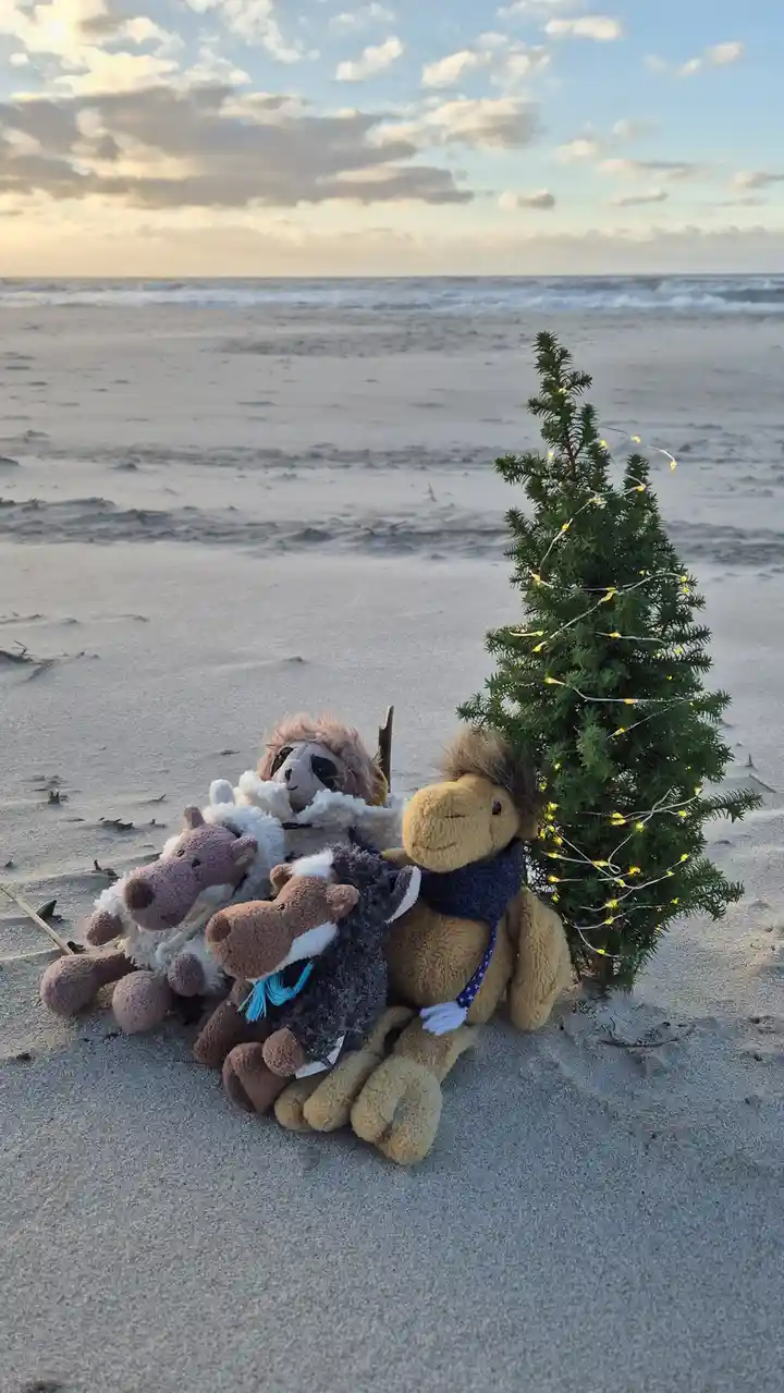 A small, decorated evergreen Christmas tree with string lights sits on a sandy beach next to several plush stuffed animals…