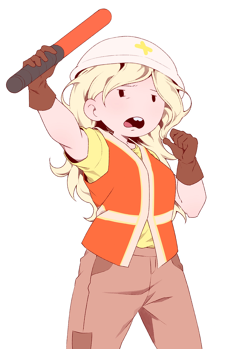 A cartoon girl with blonde hair, wearing a white cap with a yellow star, an orange safety vest over a yellow shirt, and…