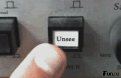 A finger presses a button labeled 'Unsee' on a control panel. The image is split into two frames showing the finger…