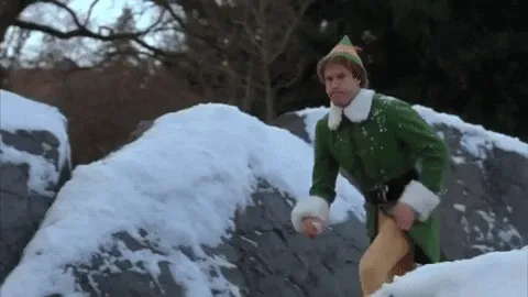 A six-panel sequence from the movie 'Elf' shows the main character, dressed in a green elf costume with white trim and a…