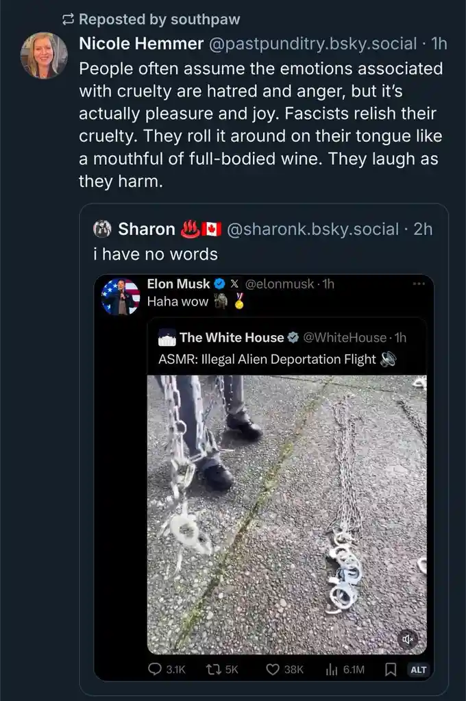 A screenshot of a social media thread shows a tweet from 'The White House' featuring a photo of chains and handcuffs on…