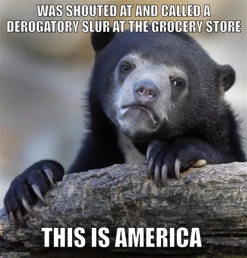 A black bear with a sad, resigned expression rests its paws on a log. White bold text at the top reads 'WAS SHOUTED AT AND…