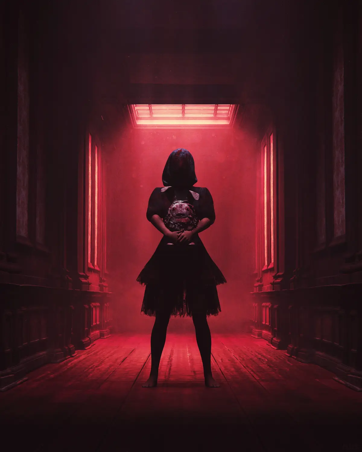 A figure in a dark hooded dress stands barefoot in a long, dimly lit hallway bathed in red light, holding a grotesque…