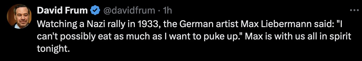 A screenshot of a tweet by David Frum showing his profile picture and text. The text recounts a quote from German artist Max…