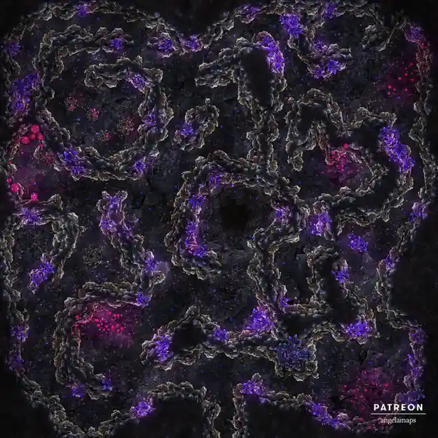 A dark, fractal-like digital artwork featuring glowing purple and pink crystalline structures arranged in a symmetrical…