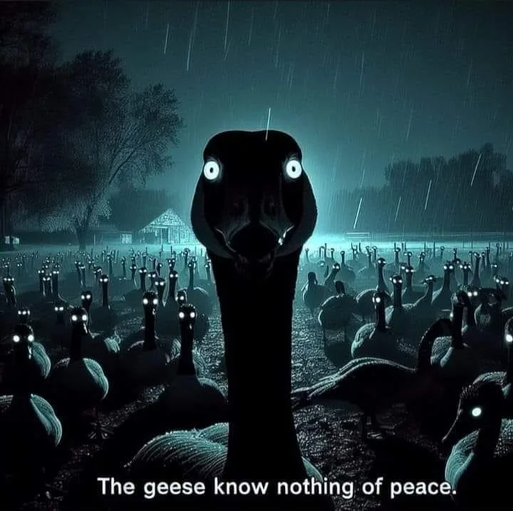 A dark, rainy night scene shows a large flock of geese with glowing white eyes staring intensely at the viewer. The…