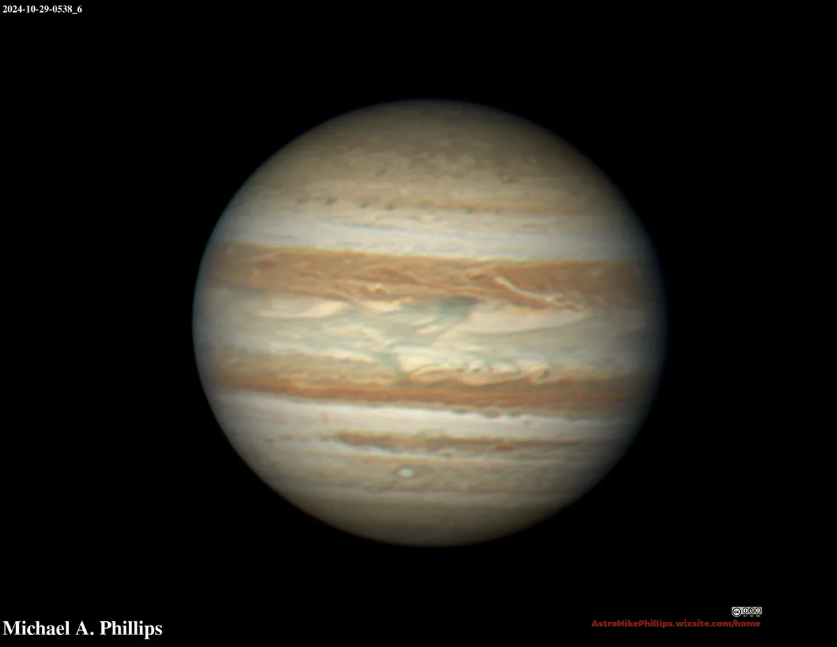 The image displays two rows of three side-by-side photographs of the planet Jupiter, each showing its characteristic banded…