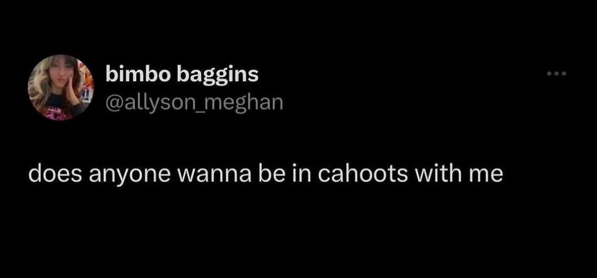 A screenshot of a social media post by user 'bimbo baggins' (@allyson_meghan) shows a profile picture of a young woman with…