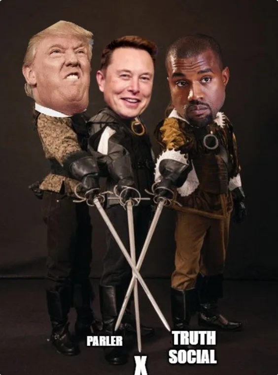 Three men with oversized heads—Donald Trump, Elon Musk, and Kanye West—are dressed in medieval knight armor and holding…