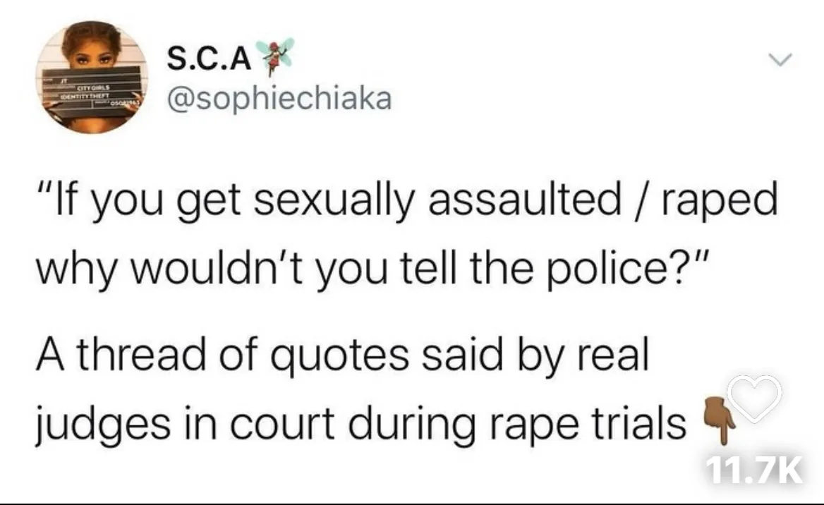 A screenshot of a tweet by user S.C.A. (@sophiechiaka) displaying a quote: 'If you get sexually assaulted / raped why…