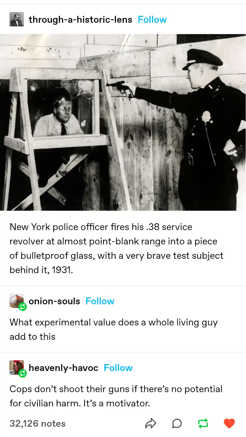 A black-and-white historical photo from 1931 shows a New York police officer aiming a .38 revolver at a piece of bulletproof…