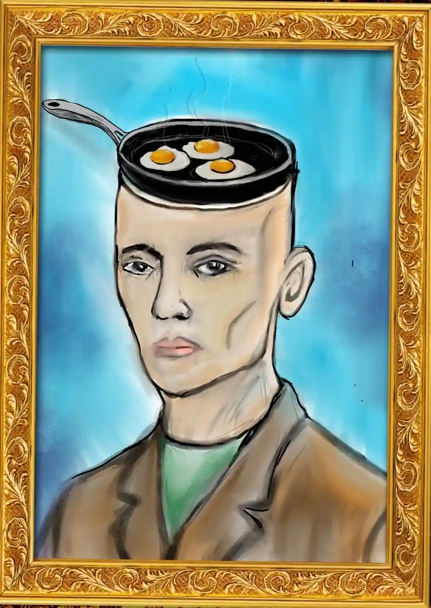 A stylized portrait of a man with a bald head, framed in ornate gold, has a frying pan with three sunny-side-up eggs…