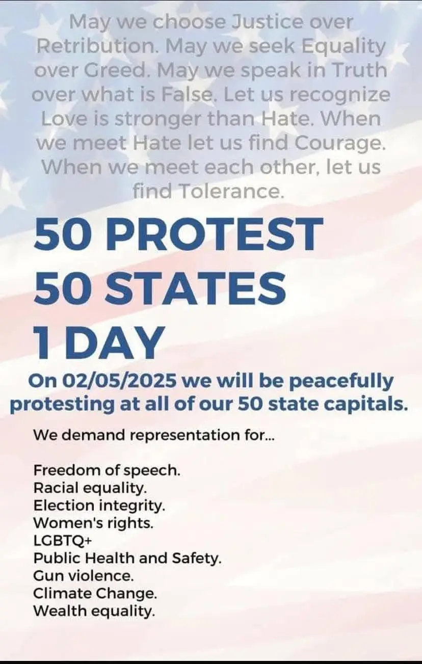 An image of an American flag background with overlaid text promoting a fictional protest event called '50 PROTEST 50 STATES…