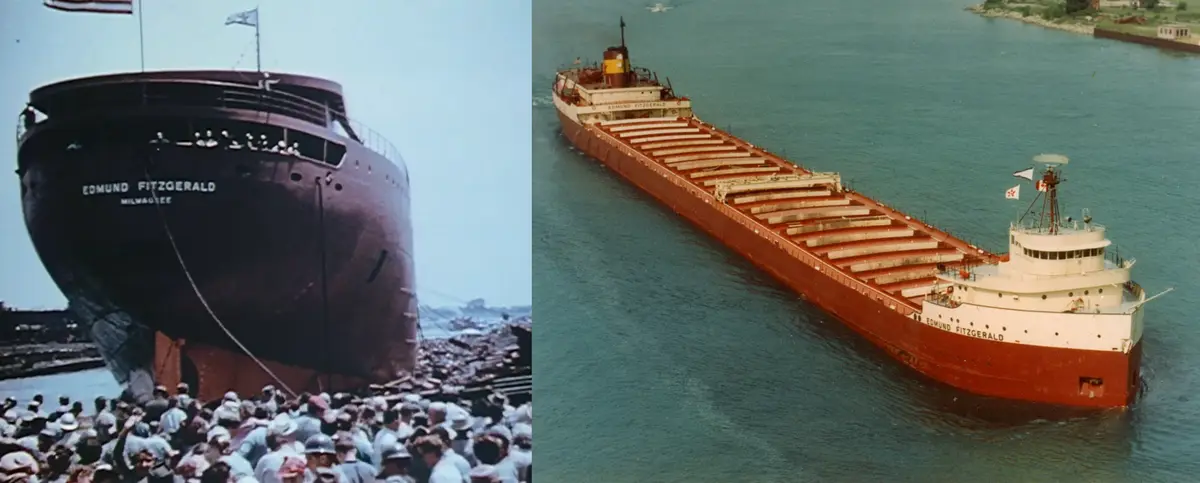 The image displays two photos of the Edmund Fitzgerald: one shows its bow being launched into water with a crowd watching…