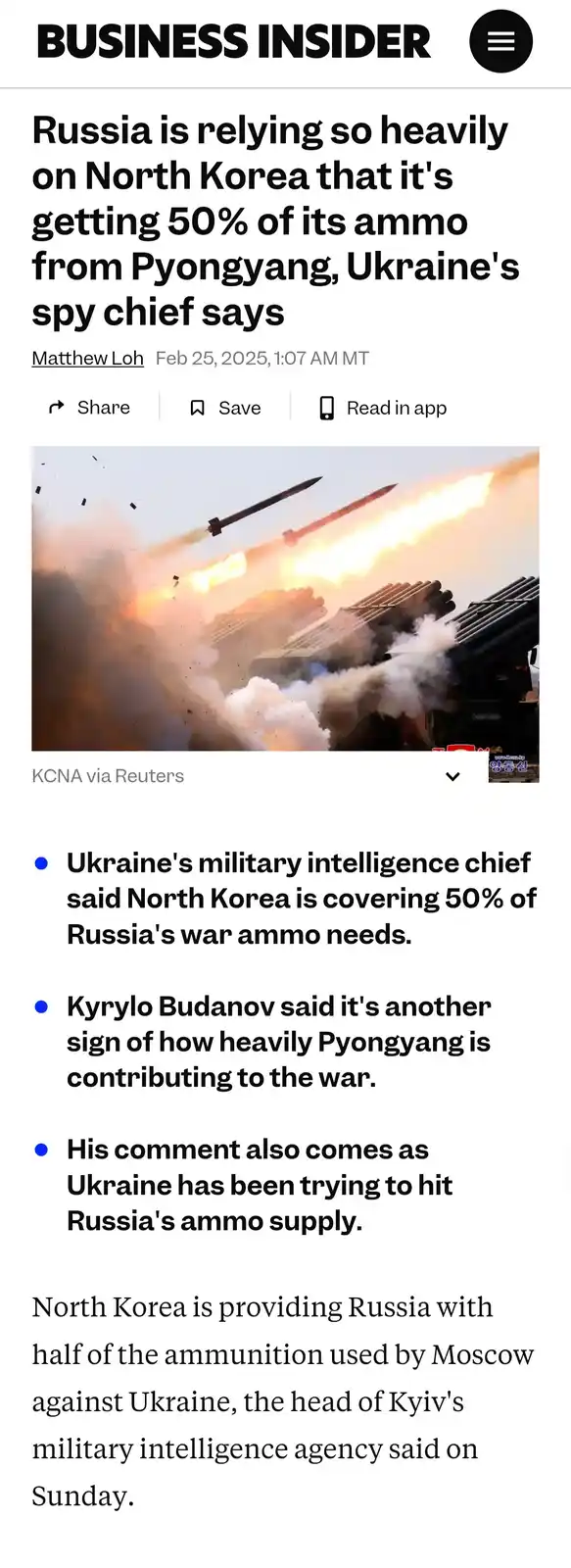 A screenshot of a Business Insider article with a headline and photo of missiles launching. The article reports that…